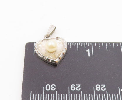 925 Sterling Silver  Vintage Cultured Pearl Concave Love Heart Pendant PT21154