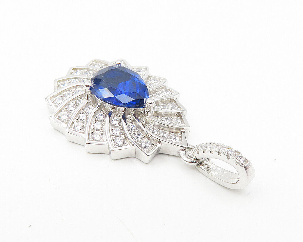 925 Sterling Silver  Prong Set Blue Topaz Shiny Tear Drop Pendant  PT9315