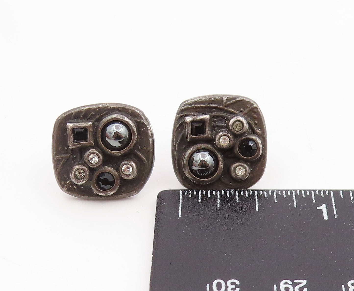 925 Sterling Silver Vintage Earrings Multi Gemstone Geometric Studs  EG14097