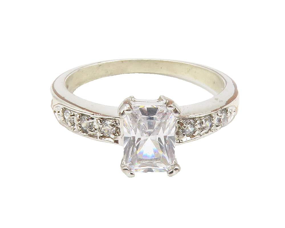 925 Sterling Silver  Cubic Zirconia Solitaire With Accents Ring Sz 8  RG14061
