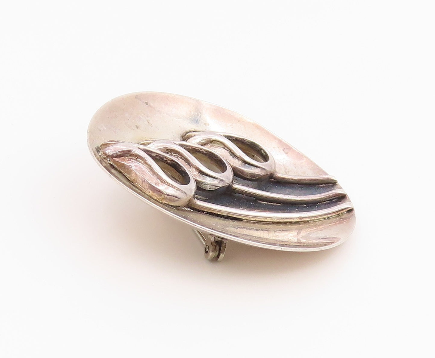 925 Sterling Silver Vintage Brooch Pin Classic Round Triple Tulip Motif  BP12452