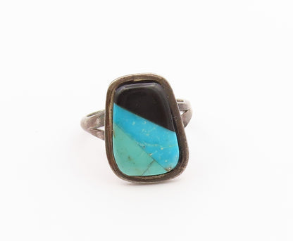 925 Sterling Silver Vintage Ring Modernist Turquoise & Onyx  Sz 7.5  RG36571