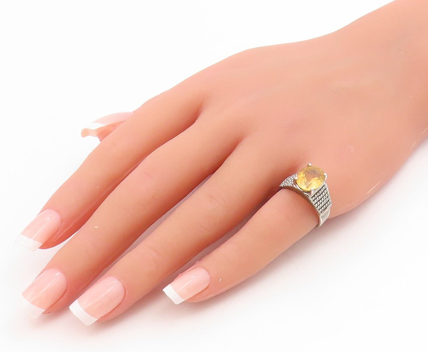 925 Sterling Silver Vintage Ring Oval Cut Citrine Textured Band  Sz 6  RG34912