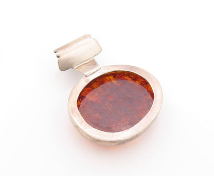 925 Sterling Silver Vintage Pendant Large Round Honey Amber  PT24162
