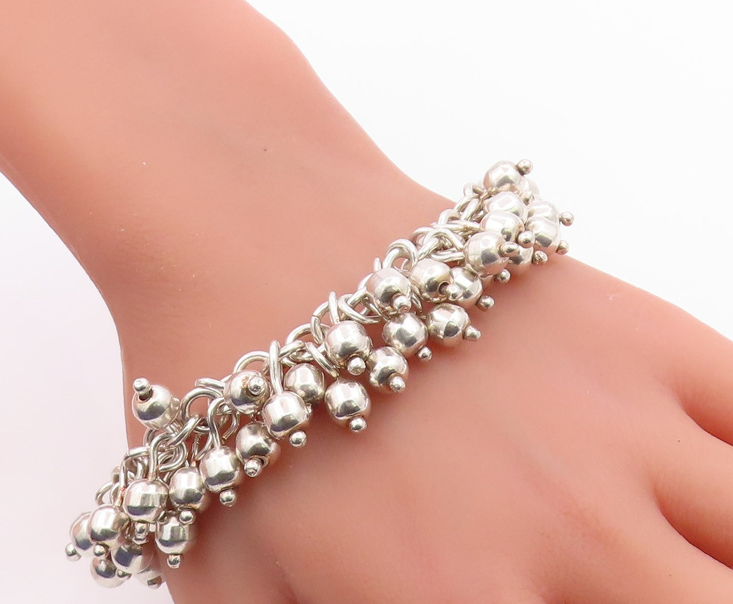 925 Sterling Silver Vintage Bracelet Modernist Solid Bead Cluster Chain  BT12056