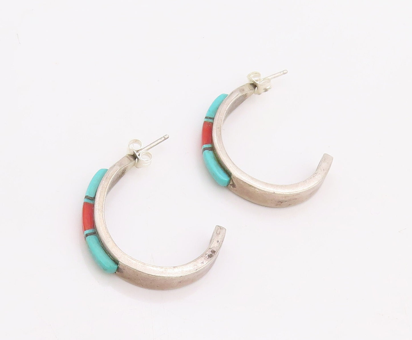925 Sterling Silver Vintage Earrings NAVAJO ZUNI Turquoise Open Hoops  EG13184