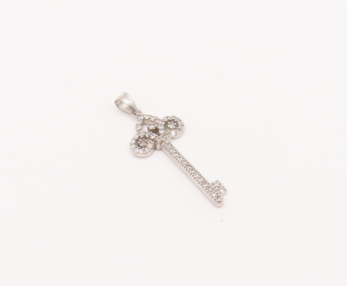 925 Sterling Silver Vintage Pendant Swirly Cutout Carved CZ Inlay Key  PT23102