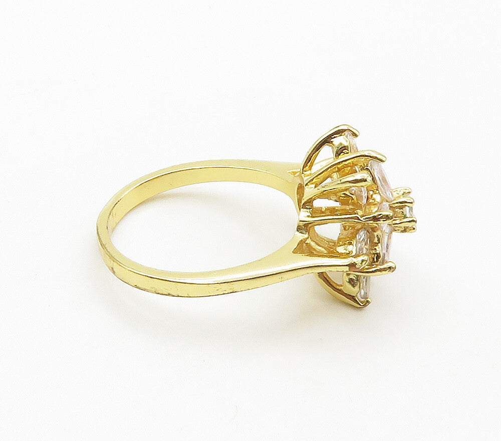 925 Sterling Silver  Cubic Zirconia Floral Gold Plated Band Ring Sz 7 RG15930