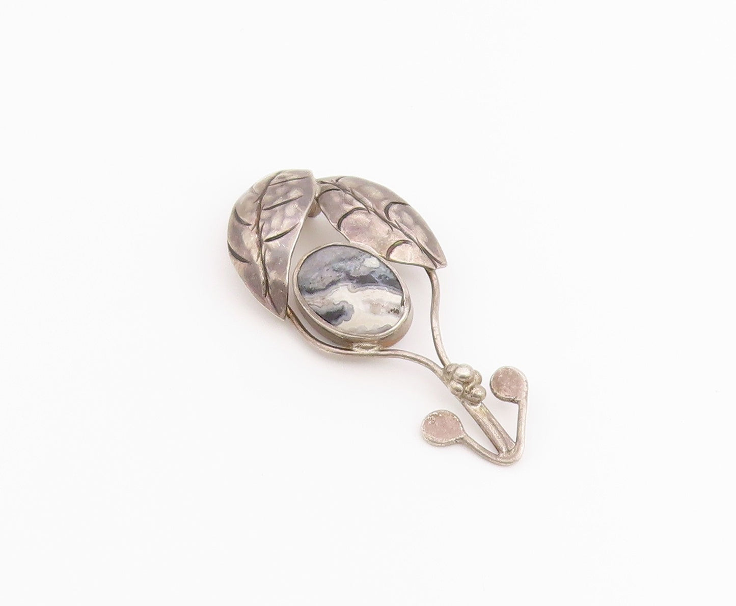 925 Sterling Silver Vintage Pendant Modernist Agate Etched Autumn Leaf  PT26538