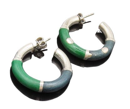 925 Sterling Silver  Vintage Solid 2 Tone Enamel Hoop Earrings  EG12607