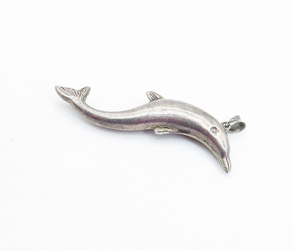 925 Sterling Silver  Vintage Dark Tone Hollow Swimming Dolphin Pendant  PT5142