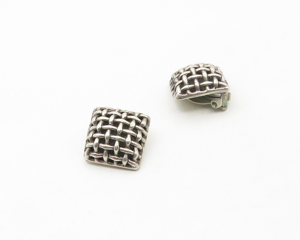925 Sterling Silver  Vintage Brutalist Woven Square Non Pierce Earrings EG8761