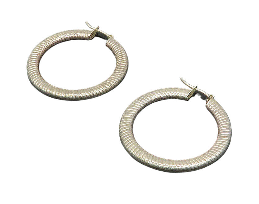 925 Sterling Silver  Vintage Shiny Fluted Round Hoop Earrings  EG9856