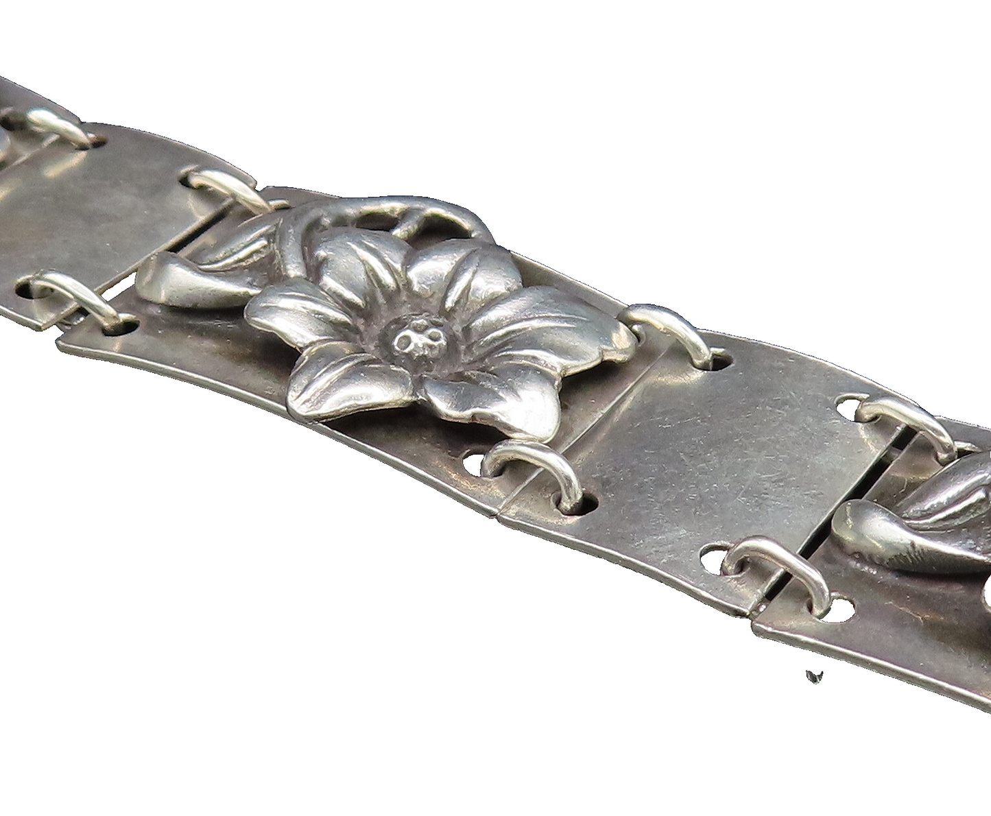 MAX RIEG 925 Silver  Vintage Rectangle Frame 3D Flowers Link Bracelet  BT9637