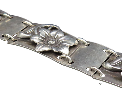MAX RIEG 925 Silver  Vintage Rectangle Frame 3D Flowers Link Bracelet  BT9637