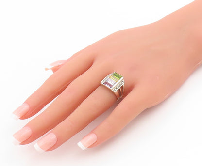 925 Sterling Silver Vintage Ring Multi Gemstone Geometric Design  Sz 6  RG33976