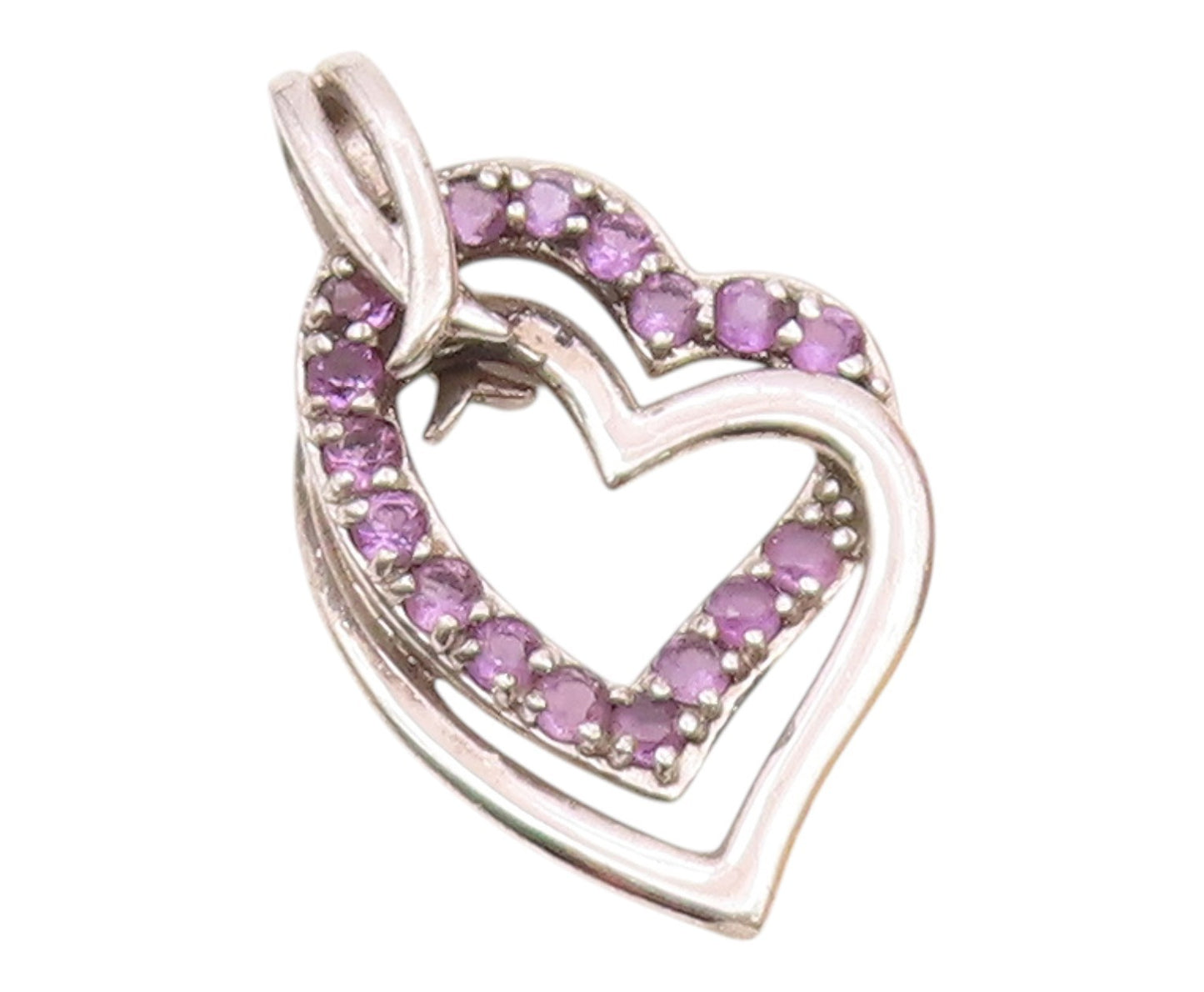 925 Sterling Silver  Vintage Amethyst Open Love Hearts Pendant  PT19117