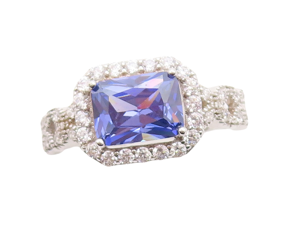925 Sterling Silver Vintage Ring Rectangle Sapphire Halo CZ Band  Sz 7.5 RG31220