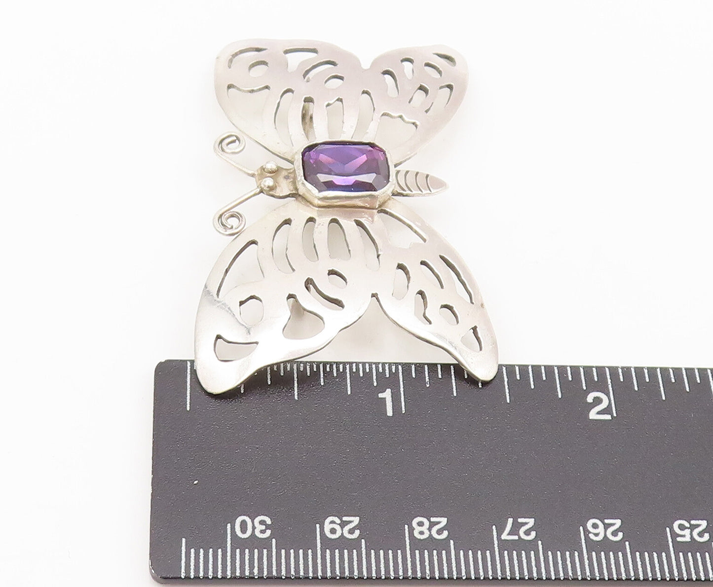 925 Silver  Vintage Spinel Lab Amethyst Stencil Butterfly Brooch Pin  BP10520