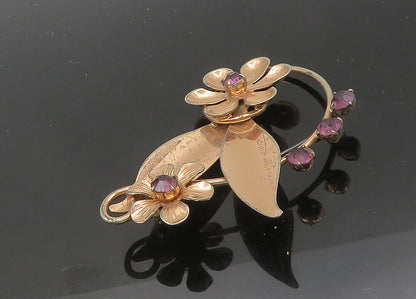 925 Sterling Silver  Vintage Purple Topaz Shiny Floral Brooch Pin  BP8357