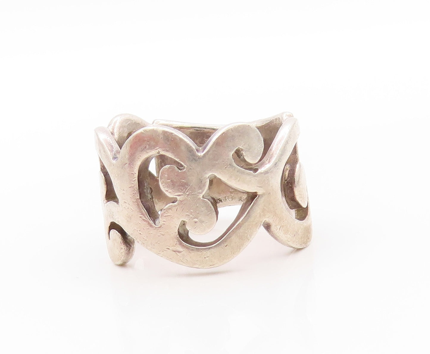 925 Sterling Silver Vintage Ring Broad Swirly Design Cutout Band Sz 8  RG32602