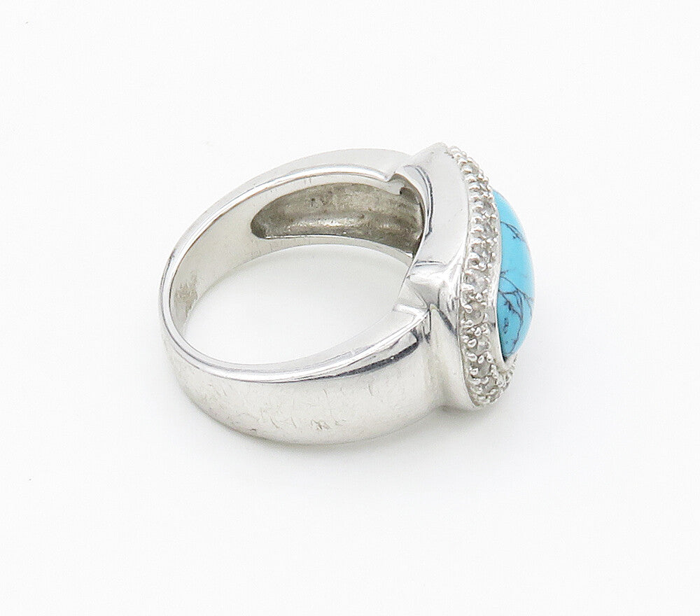 925 Sterling Silver  Turquoise & Topaz Shiny Dome Cocktail Ring Sz 8  RG15350