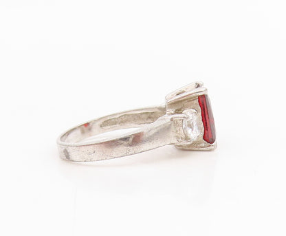 925 Sterling Silver Vintage Ring Classic Garnet & CZ Statement Band Sz 4 RG34781