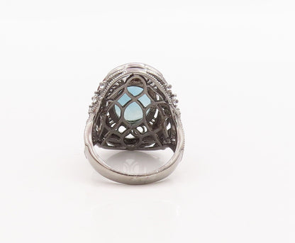 925 Sterling Silver Vintage Ring Cabochon Aqua Floral Carved Topaz Sz 7  RG29260