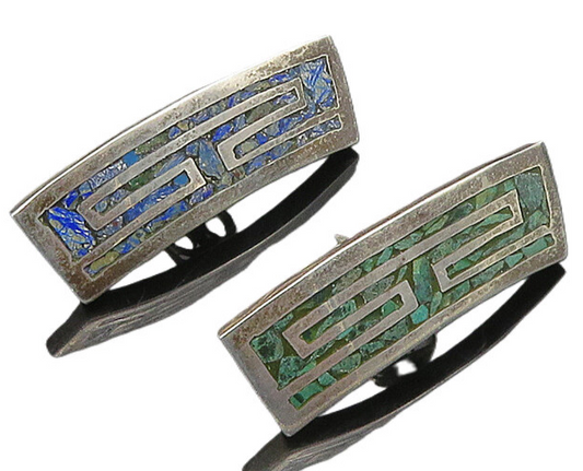 MEXICO 925 Sterling Silver  Vintage Inlaid Turquoise Drop Earrings  EG9302