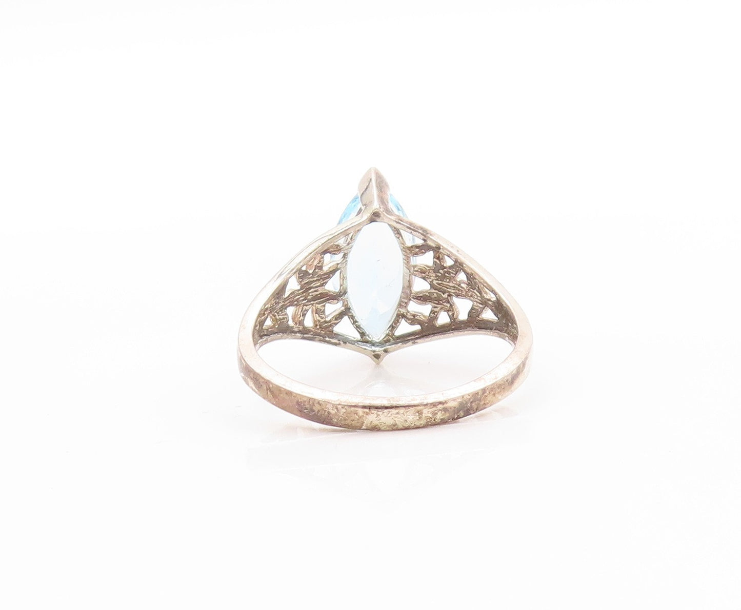 925 Sterling Silver Vintage Ring Marquise Topaz Flowers Cutout  Sz 10  RG32754