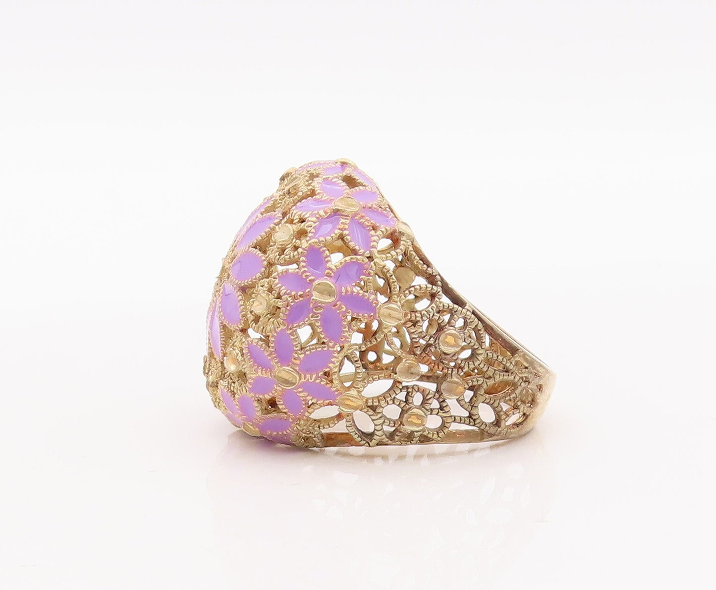 925 Sterling Silver Vintage Ring Purple Enameled Floral Cutout  Sz 7.5  RG29335