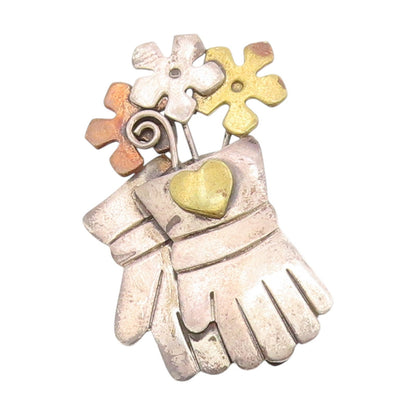 925 Sterling Silver Vintage Brooch FAR FETCHED Floral Garden Gloves Pin  BP12128