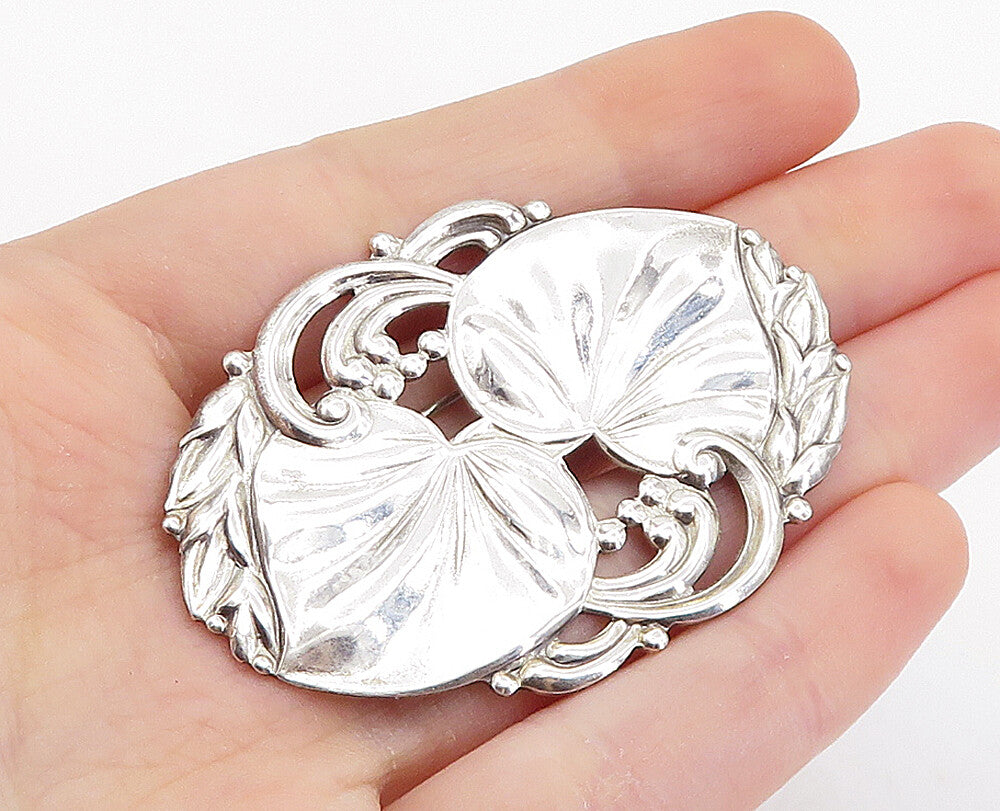 925 Sterling Silver  Vintage Shiny Love Heart Floral Leaf Brooch Pin  BP2535