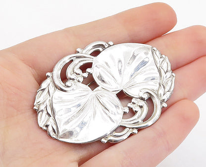 925 Sterling Silver  Vintage Shiny Love Heart Floral Leaf Brooch Pin  BP2535