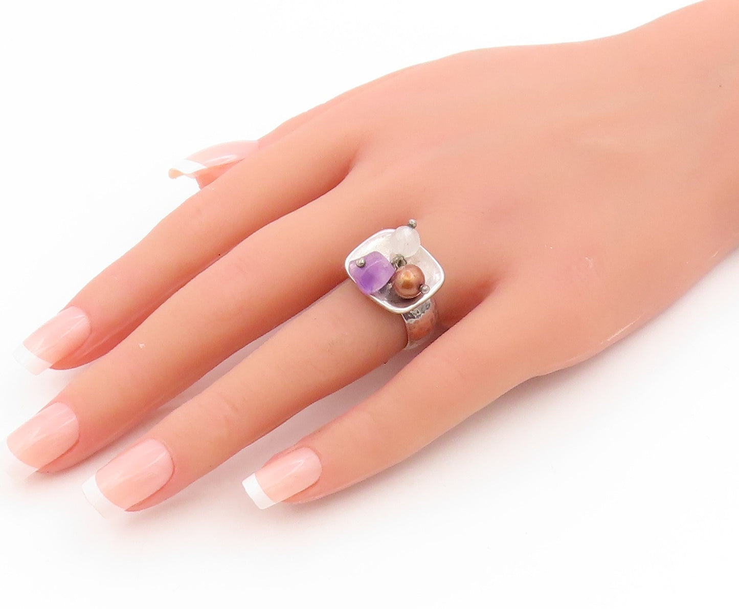 925 Sterling Silver Vintage Ring ISRAEL Amethyst & Pearl Band  Sz 7  RG34061