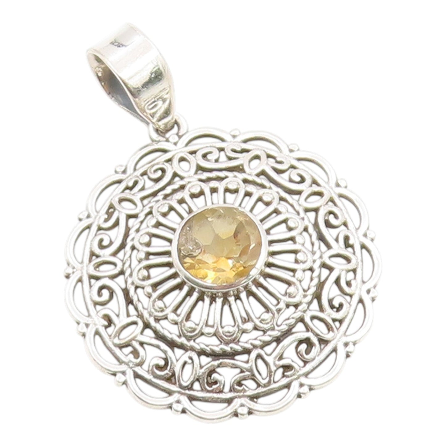 925 Sterling Silver Vintage Pendant Round Cut Citrine Openwork Charm  PT26240