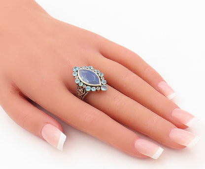 925 Sterling Silver Vintage Ring Marquise Shape Gemstone Halo CZ  Sz 7  RG30457