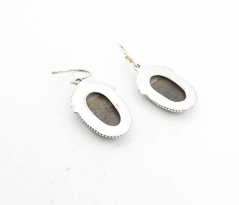 925 Sterling Silver Vintage Agate Shiny Twist Border Dangle Earrings EG4232