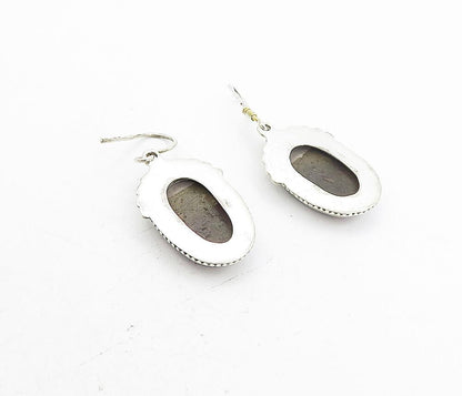 925 Sterling Silver Vintage Agate Shiny Twist Border Dangle Earrings EG4232