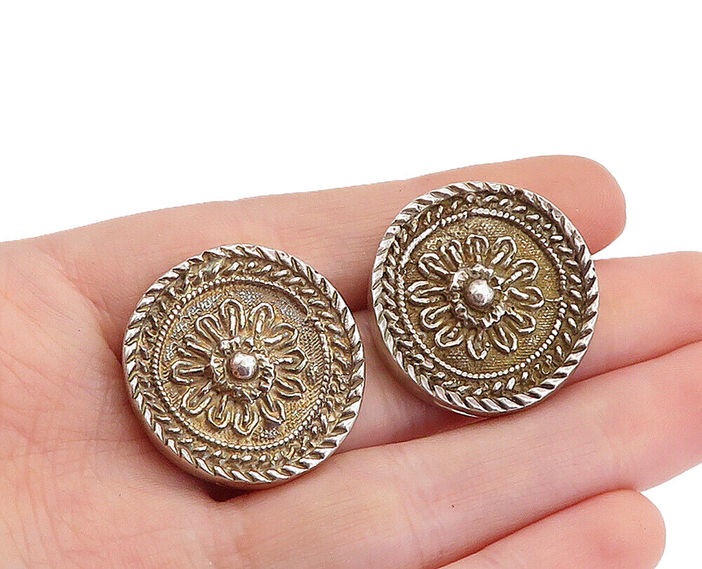 925 Sterling Silver  Vintage Antique Round Floral Button Drop Earrings  EG2630