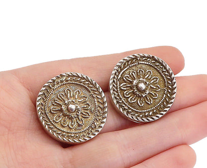 925 Sterling Silver  Vintage Antique Round Floral Button Drop Earrings  EG2630