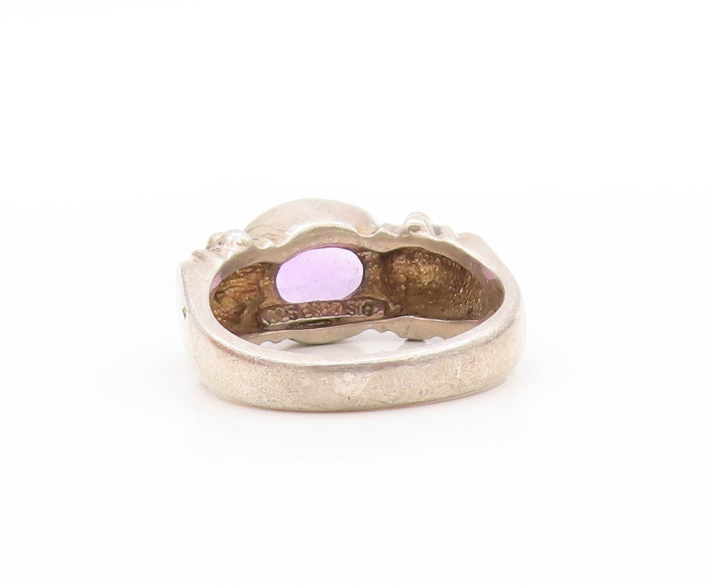 925 Sterling Silver Vintage Ring Antique Design Carved Amethyst  Sz 8  RG32750