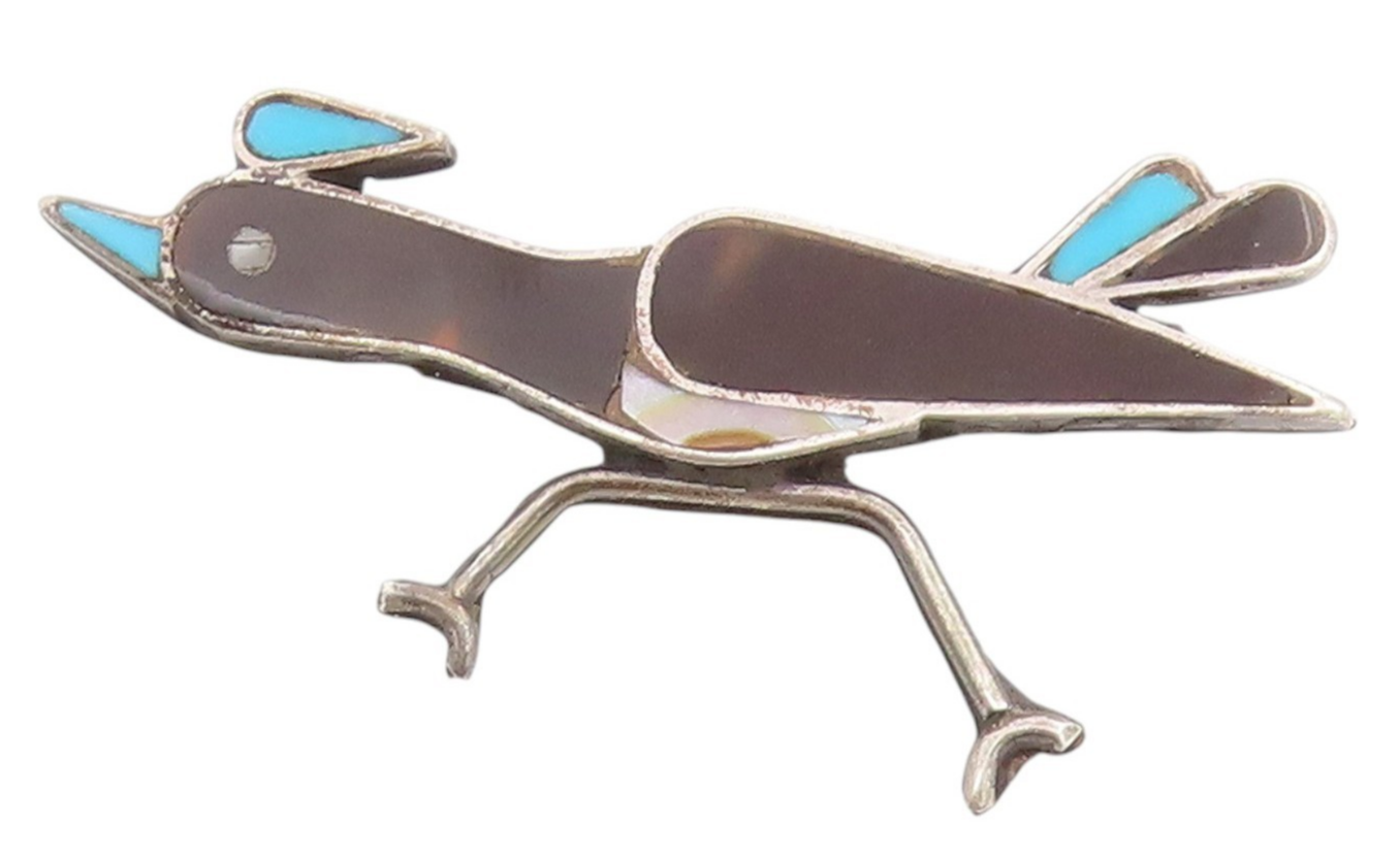 925 Sterling Silver Vintage Brooch NAVAJO ZUNI Onyx Larimar Running Bird BP11706
