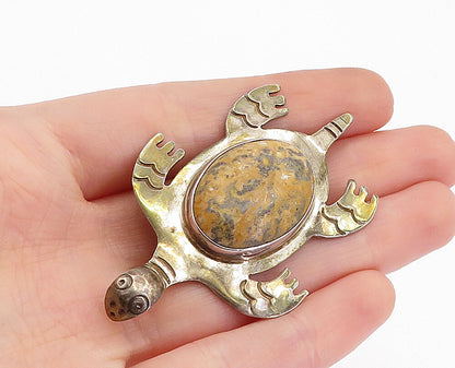 MEXICO 925 Sterling Silver  Vintage Jasper Sea Turtle Motif Brooch Pin  BP1567