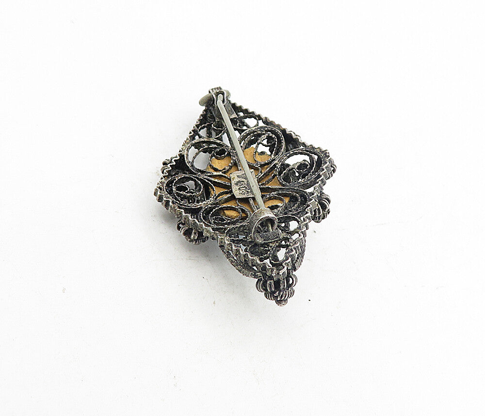 925 Sterling Silver  Vintage Antique Turquoise Floral Twist Brooch Pin  BP3041