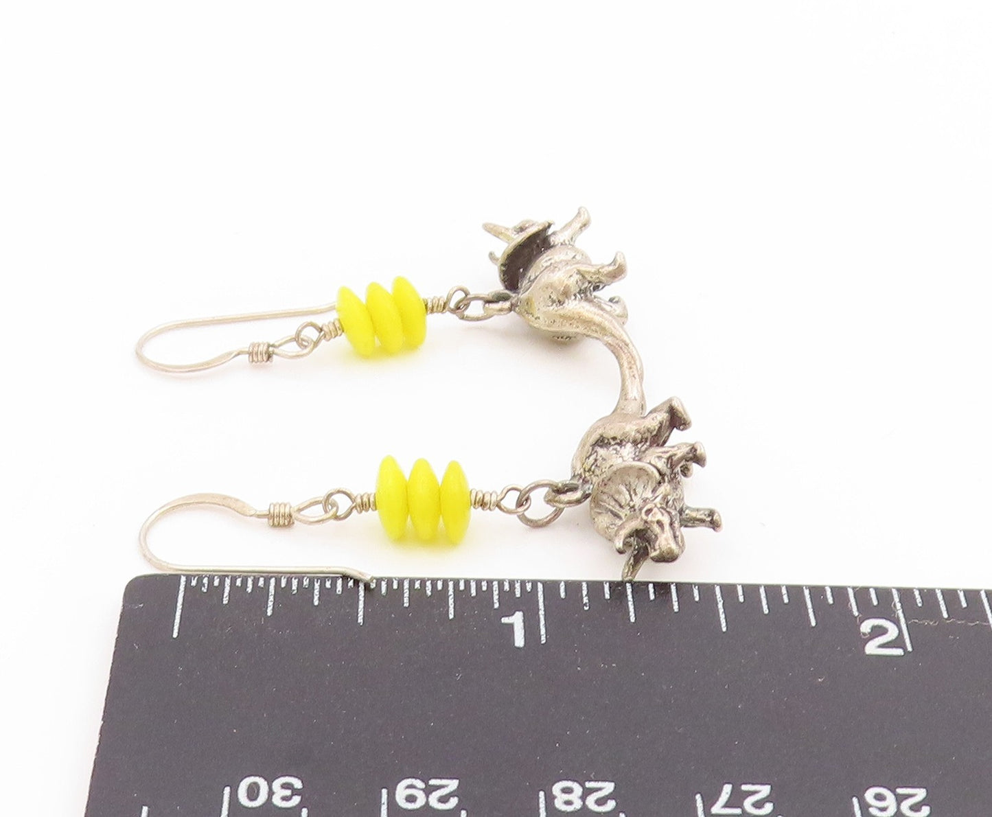 925 Sterling Silver Vintage Earrings Yellow Bead Dinosaur Charm Dangle  EG14056
