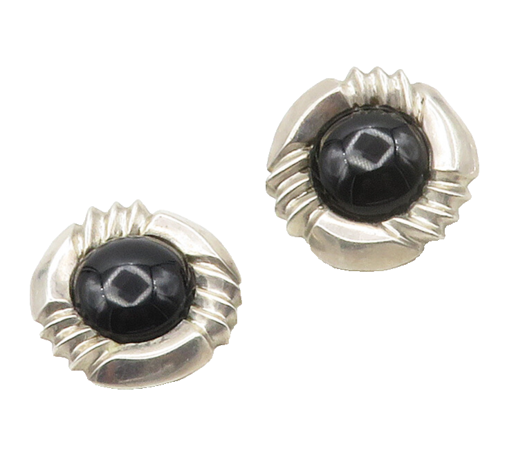 925 Sterling Silver  Vintage Cabochon Black Onyx Non Pierce Earrings  EG8478