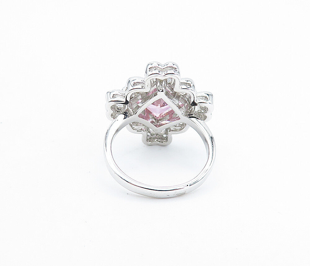 925 Sterling Silver  Pink Cubic Zirconia Floral Cocktail Ring Sz 7  RG6069