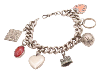 925 Sterling Silver Vintage Bracelet Carnelian & Carved Dangling Charms  BT10210