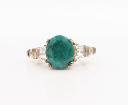 925 Sterling Silver Vintage Ring Oval Cut Emerald & Topaz Inlay  Sz 7  RG29210